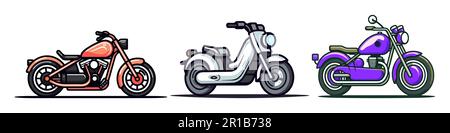 Set moto. Motociclette e scooter. Vettore impostato su sfondo bianco. Illustrazione Vettoriale
