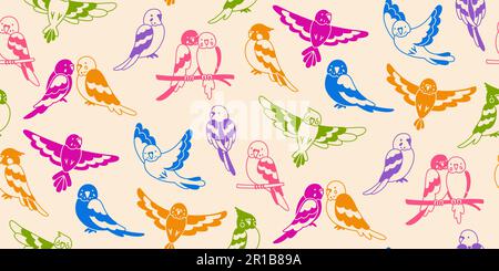 Pappagallo volante motivo colorato senza cuciture. Uccelli tropicali esotici ripetizione ornamento sfondo. Estate luminoso divertente luminoso design pappagalli carta da parati tessuto, confezione infinita, boundless decorazione alla moda Illustrazione Vettoriale