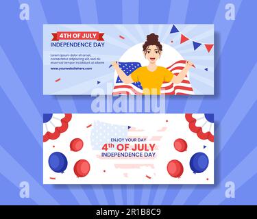 4th luglio Independence Day USA Banner orizzontale Cartoon modelli disegnati a mano sfondo Illustrazione Illustrazione Vettoriale