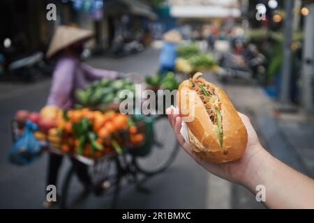 Cibo di strada ad Hanoi. Panino Banh mi tenuto a mano. Primo piano della tradizionale baguette vietnamita farcita di paté, carne e verdure. Foto Stock