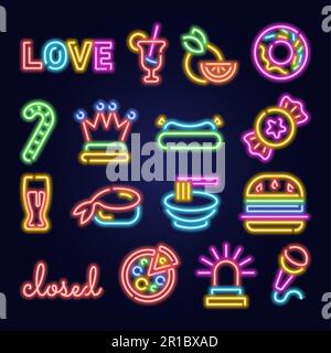 Segni di cibo al neon. Simboli delle luci LED. Illuminazione pasto e bevande. Hamburger e hotdog fastfood. Bicchiere da cocktail. Logo del pub della birra. Insegna pizza o sushi cafe. Vi Illustrazione Vettoriale