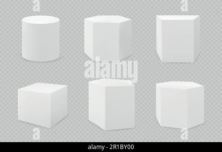 Podio bianco, 3D forme geometriche, piedistallo o collezione stand. Piattaforma o colonna del prodotto cubico, colonna quadrata o cilindrica, mostra museo vuota s Illustrazione Vettoriale