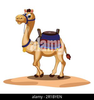 Cammello di cartone animato isolato su sfondo bianco. Carino cammello cartone animato con selleria. Fumetto divertente cammello con selleria vettore illustrazione. Carino cartone animato è venuto Illustrazione Vettoriale