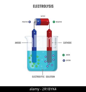 Illustrazione dell'elettrolisi del vettore della soluzione elettrolitica. Semplice processo di elettrolisi di un elettrolita. Esperimento educativo etichettato coinvolgere catho Illustrazione Vettoriale