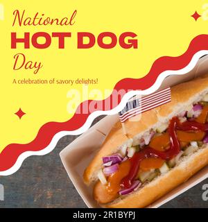 Hot dog con bandiera d'america e giornata nazionale hot dog, una celebrazione di gustose delizie testo Foto Stock