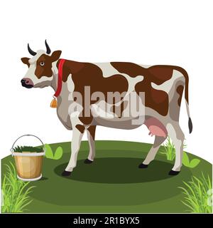 Carino Cartoon mucca in piedi sull'erba. Immagine vettoriale di Cow su sfondo bianco. Isolare l'immagine dallo sfondo e utilizzarla per l'alfabeto dei bambini Illustrazione Vettoriale
