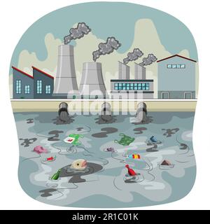 Illustrazione vettoriale del concetto di inquinamento idrico. Rifiuti di plastica in acqua. Bottiglie in plastica, cannucce, tazze e altri rifiuti inquinano l'acqua. polline di plastica Illustrazione Vettoriale