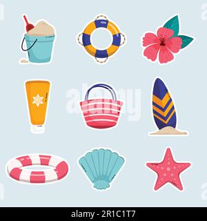 Set di elementi estivi per le vacanze in spiaggia. Icone piatte Illustrazione vettoriale. Illustrazione Vettoriale