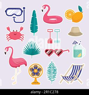 Set di elementi Holiday Summer Beach. Disegno vettoriale piatto. Granchio, foglia di palma, ventilatore, pala, foglia tropicale, Occhiali da sole, cocktail, Flamingo. Illustrazione Vettoriale