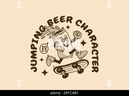 La mascotte vintage di design del carattere della birra può saltare su skate board Illustrazione Vettoriale