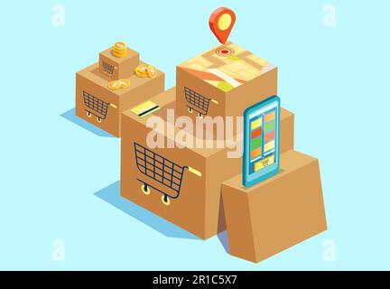 Concetto di shopping online tramite app mobile Illustrazione Vettoriale