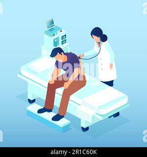 Vettore di una dottoressa che esamina un paziente che ascolta i polmoni e il cuore Illustrazione Vettoriale