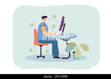 Uomo che mostra la posizione corretta per sedersi alla scrivania Illustrazione Vettoriale