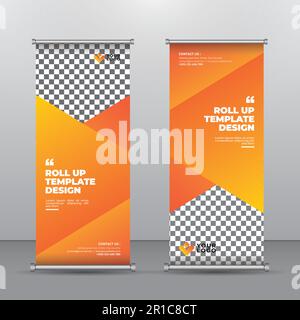 Modello verticale di disegno banner Roll-Up con forme astratta arancioni. vettore, sfondo geometrico astratto, x-banner e flag-banner moderni, dimensioni rettangolo Illustrazione Vettoriale