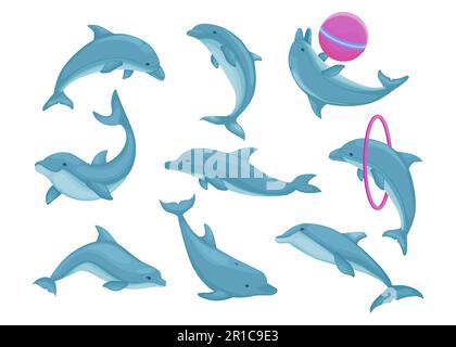 Delfini blu che saltano e nuotano Illustrazione Vettoriale