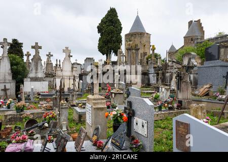 Vecchio cimitero di Carvassonne, mura della città e torri sullo sfondo, Francia Foto Stock