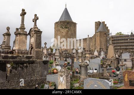 Vecchio cimitero di Carvassonne, mura della città e torri sullo sfondo, Francia Foto Stock