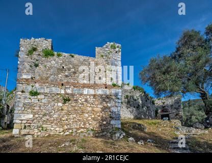 Castello Bizantino di Gardiki, 13th ° secolo, torre principale, ingresso, isola di Corfù, Grecia Foto Stock