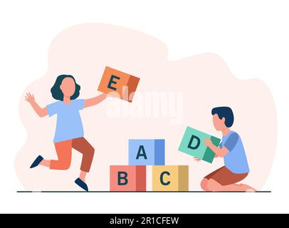 Bambini che giocano con blocchi alfabetici Illustrazione Vettoriale