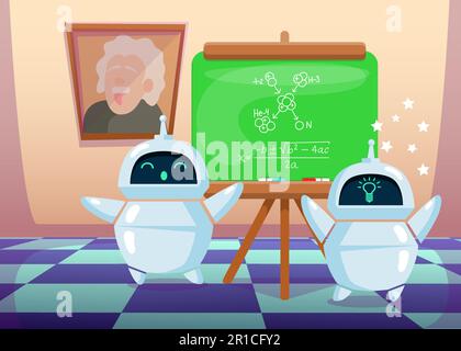 Cartone animato carino chatbot fare nuova scoperta nel campo della scienza Illustrazione Vettoriale