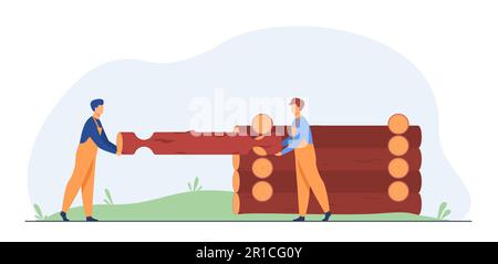 Due costruttori che trasportano il ceppo di legno e la casa dell'edificio Illustrazione Vettoriale