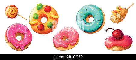 Set di ciambelle lollipop in stile cartoon. Illustrazione vettoriale Illustrazione Vettoriale