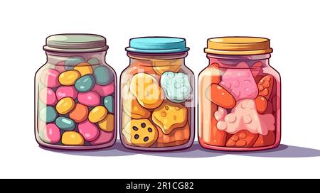 Set di vasetti di vetro con vari ripieni isolati su fondo bianco. Illustrazione vettoriale Illustrazione Vettoriale