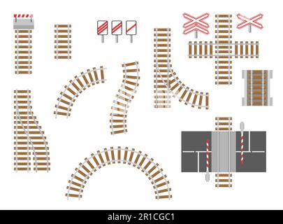 Set di illustrazioni vettoriali per la vista dall'alto delle rotaie o dei binari ferroviari Illustrazione Vettoriale