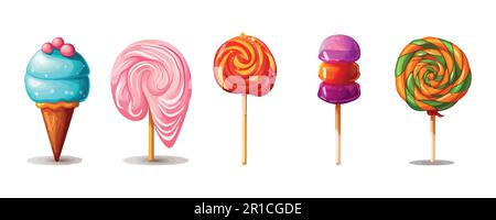 Set di dolci in stile cartoon, icone su sfondo bianco. Gelato, lecca lecca. Illustrazione vettoriale Illustrazione Vettoriale