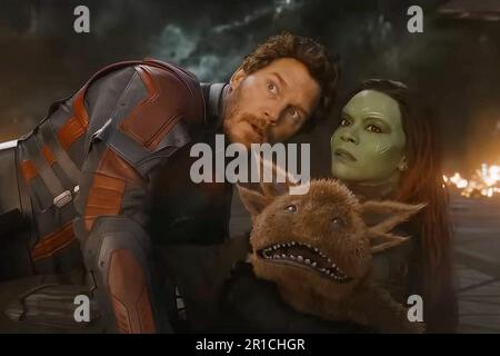 Guardiani del Galaxy 3 Chris Pratt, Zoe Saldana & Blurp Foto Stock