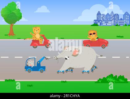 Carino cartone animato gatto volo elicottero sopra paesaggio autunnale Illustrazione Vettoriale