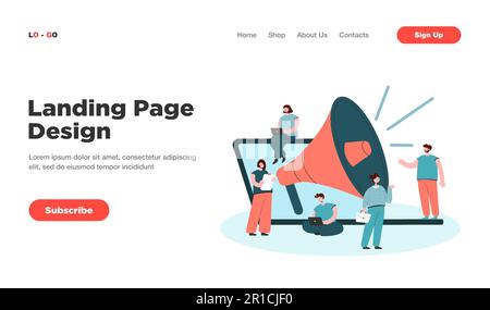 Cartoni animati piccoli gestori con altoparlante gigante e notebook Illustrazione Vettoriale