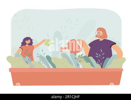 Madre e figlia di impianti di irrigazione in giardino Illustrazione Vettoriale