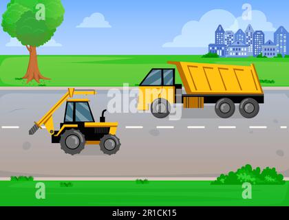 Cartoon giallo camion e trattore su strada in estate Illustrazione Vettoriale