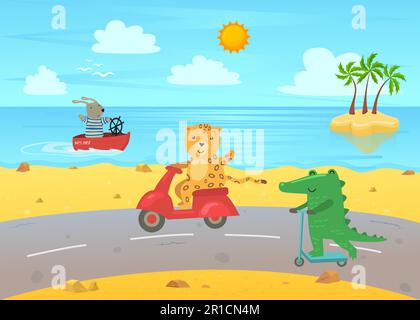 Cartoni animati sul trasporto su sfondo estivo Illustrazione Vettoriale