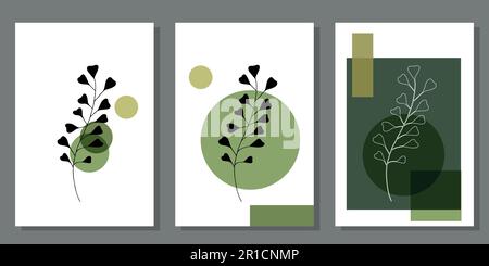 Set di dipinti minimalisti creativi con elementi botanici e forme verdi. Per decorazione, stampa e design degli interni Illustrazione Vettoriale