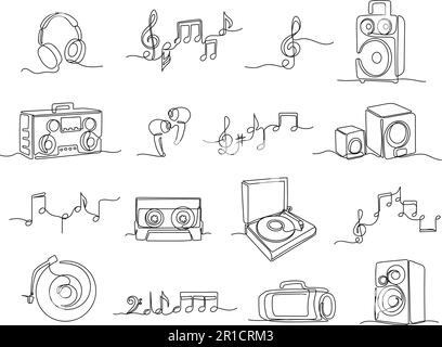 Illustrazioni musicali continue su una linea. Cuffie lineari, altoparlanti audio e set vettoriale per appunti disegnati a mano Illustrazione Vettoriale