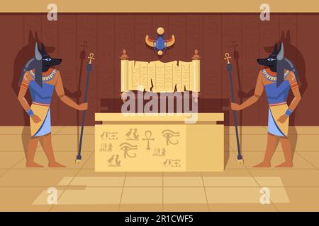 Due divinità Anubis con canne camminanti ankh accanto al caso mummy Illustrazione Vettoriale