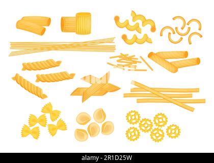 Diversi tipi di set di illustrazioni vettoriali piatti per pasta italiana Illustrazione Vettoriale