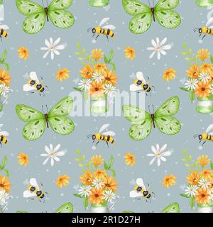 Farfalla e api. Acquerello senza cuciture con farfalle, api e fiori selvatici. Un bouquet di girasoli in un annaffiatoio metallico. Foto Stock