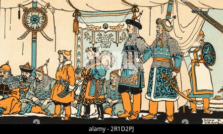 Genghis Khan (c1162-1227) corte di corte con sua moglie Börte (c1161-1230). Di Donn Philip Crane (1878-1944). Batu Khan (c1205-1255) Subutai (c1175-1248) Hulagu Khan (c1217-1265) e Kublai Khan (poi Temujin) rendono omaggio. Foto Stock