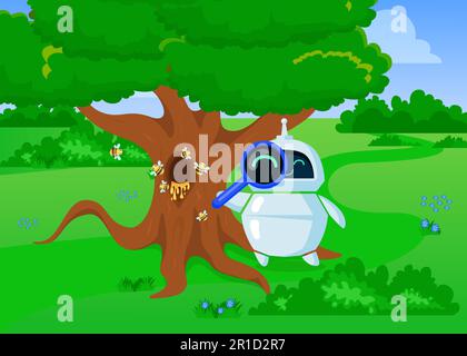 Cartone animato carino chatbot esplorare la natura con loupe Illustrazione Vettoriale