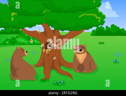 Due grizzly orsi seduti accanto all'albero con alveare Illustrazione Vettoriale