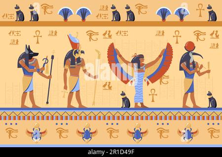 Divinità egiziane su antico bassorilievo con geroglifici Illustrazione Vettoriale