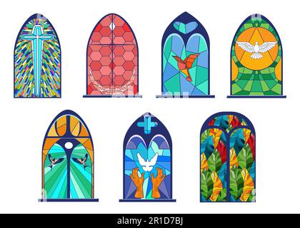 Set di cartoni animati di vecchie finestre di vetro colorato illustrazione vettoriale Illustrazione Vettoriale