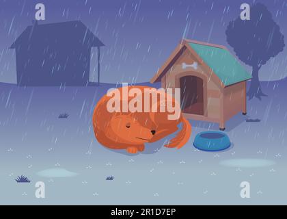 Cane che dorme davanti a doghouse sotto pioggia vettore illustrazione Illustrazione Vettoriale