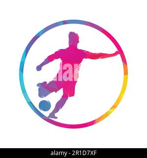 Design del logo Football and Football Player. Disegno dell'icona del vettore di logo della sfera di dribbling. Illustrazione Vettoriale