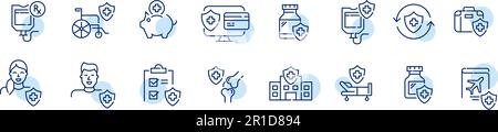 Polizza di assicurazione medica. Servizi per pazienti ricoverati, copertura per incidenti, interventi chirurgici, ecc. Pixel Perfect, icone del tratto modificabili Illustrazione Vettoriale