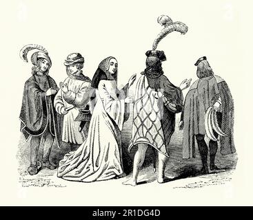 Una vecchia incisione di abbigliamento indossato in Tudor Times in Inghilterra. Lo stile dell'abito risale ai secoli tardo 15th e agli inizi del 16th durante il regno di Enrico VII (1485-1509). Qui si notano i feltri indossati dagli uomini e il piumaggio di piume di struzzo che li adornava. Cappe o camici formavano lo strato di abbigliamento esterno – il camino della donna ha maniche lunghe e pendenti. I capelli lunghi erano in voga al tempo. Questo abbigliamento sarebbe stato indossato da coloro che nella società con soldi, la prova di sbarcamento, la nobiltà e gli altri collegati alla corte reale. Foto Stock