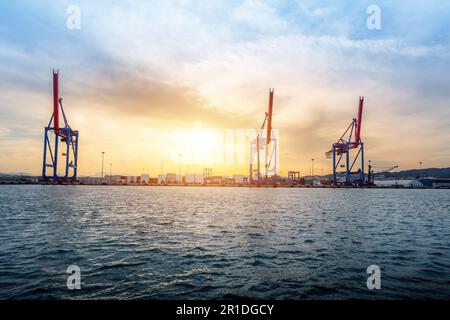 Gru a container al porto di Malaga - Malaga, Andalusia, Spagna Foto Stock